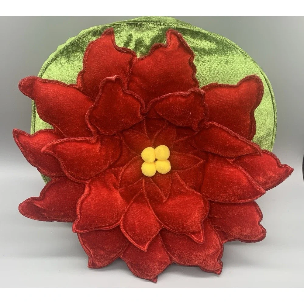 Vintage Christmas Poinsettia Throw Pillow Red Green Velour Round 11